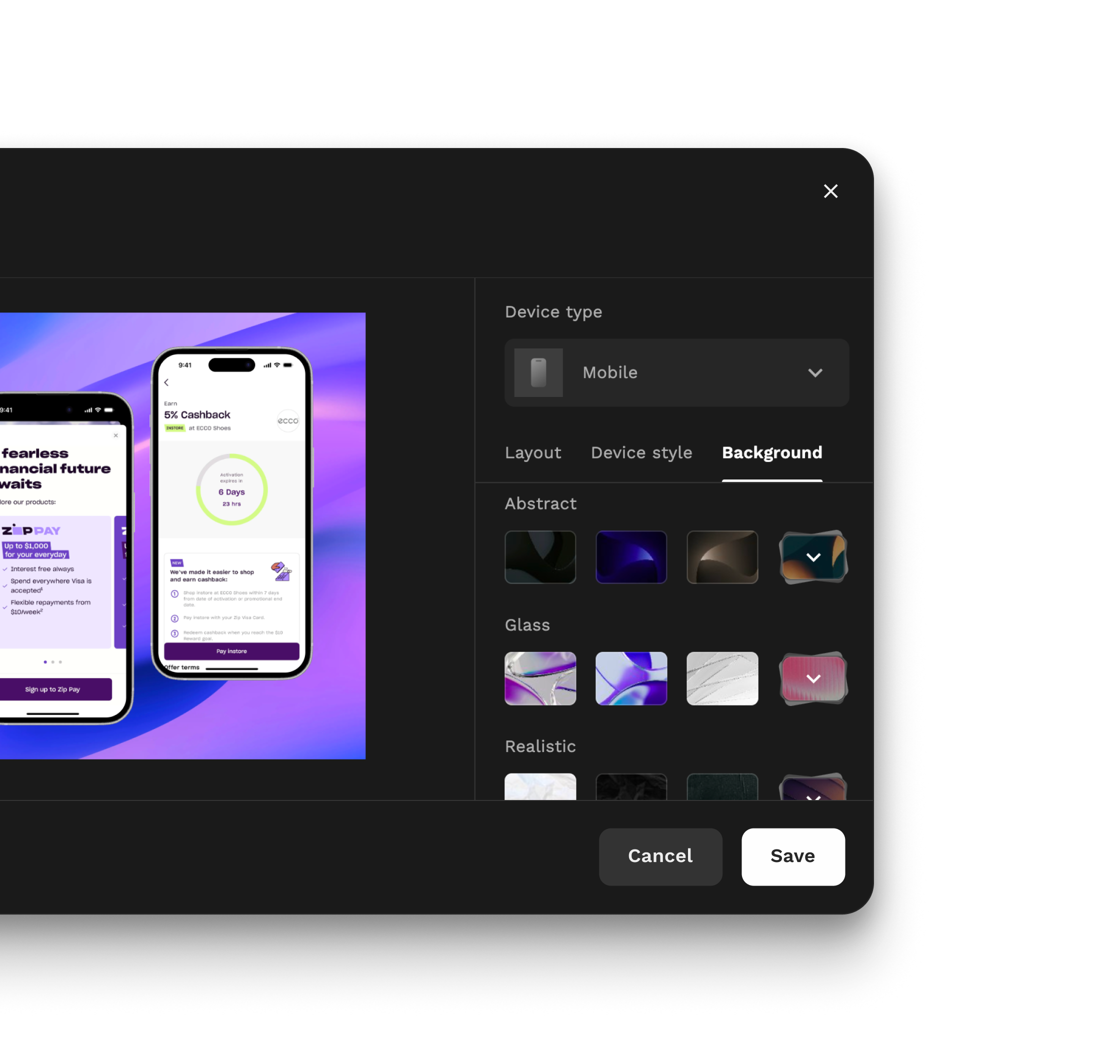 Thumbnail designer with device mockup, layout, and background settings